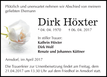 Traueranzeige von Dirk Höxter von Super Sonntag SGH Mansf. Land