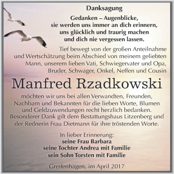 Traueranzeige von Manfred Rzadkowski von Wochenspiegel Mansfelder Land