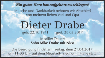 Traueranzeige von Dieter Drabe von Super Sonntag Halle