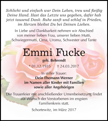 Traueranzeige von Emmi Fucke von WVG - Wochenspiegel Dessau / Köthen