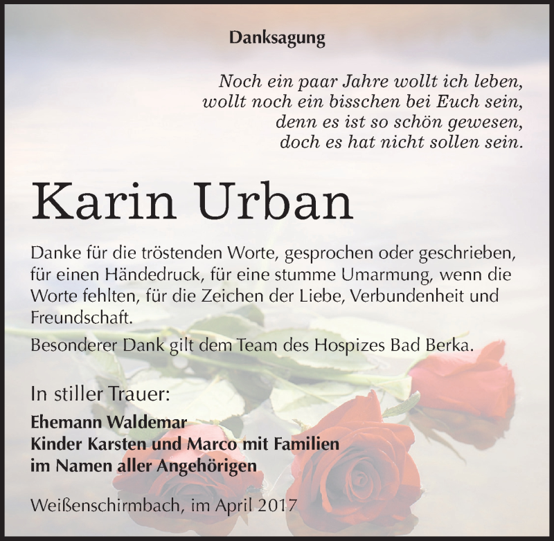  Traueranzeige für Karin Urban vom 13.04.2017 aus Mitteldeutsche Zeitung Merseburg/Querfurt
