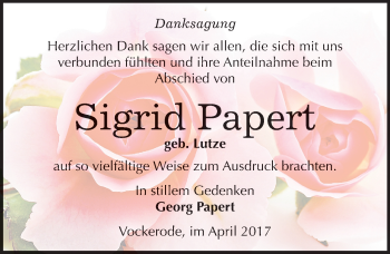 Traueranzeige von Sigrid Papert von Mitteldeutsche Zeitung Wittenberg