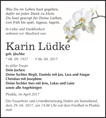 Traueranzeige von Karin Lüdke von WVG - Wochenspiegel Bitterfeld