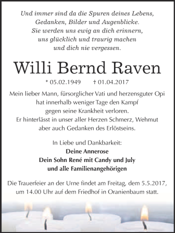 Traueranzeige von Willi Bernd Raven von WVG - Wochenspiegel Wittenberg