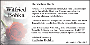 Traueranzeige von Wilfried Bobka von Mitteldeutsche Zeitung Quedlinburg
