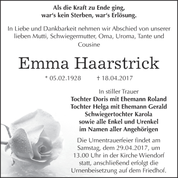Traueranzeige von Emma Haarstrick von Super Sonntag Bernburg