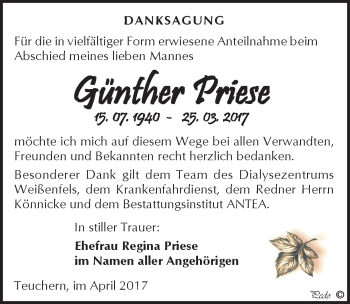 Traueranzeige von Günther Priese von Mitteldeutsche Zeitung Weißenfels