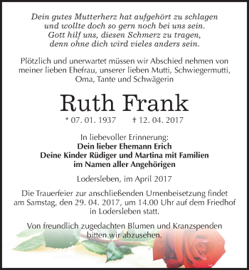 Traueranzeige von Ruth Frank von Mitteldeutsche Zeitung Merseburg/Querfurt