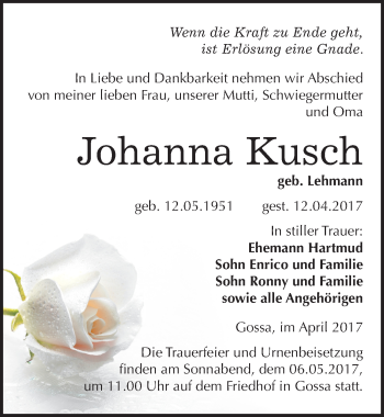 Traueranzeige von Johanna Kusch von Mitteldeutsche Zeitung Bitterfeld