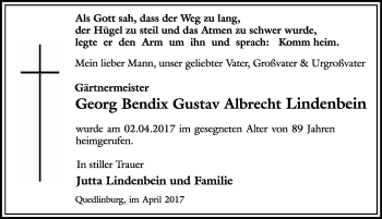 Traueranzeige von Georg Bendix Gustav Albrecht Lindenbein von Mitteldeutsche Zeitung Quedlinburg