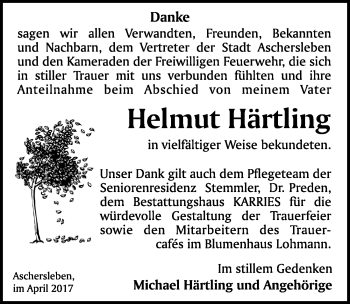 Traueranzeige von Helmut Härtling von Mitteldeutsche Zeitung Aschersleben