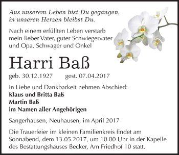 Traueranzeige von Harri Baß von Mitteldeutsche Zeitung Sangerhausen
