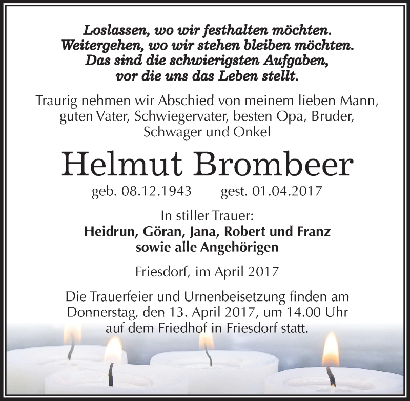  Traueranzeige für Helmut Brombeer vom 05.04.2017 aus Mitteldeutsche Zeitung Mansfelder Land