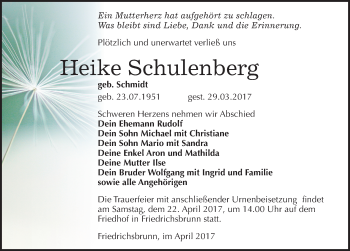 Traueranzeige von Heike Schulenberg von Mitteldeutsche Zeitung Quedlinburg