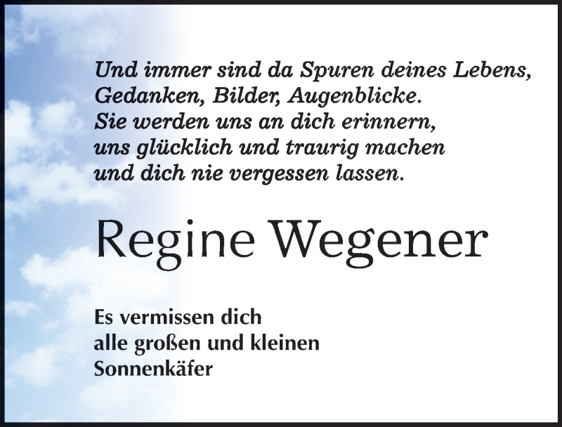  Traueranzeige für Regine Wegener vom 08.04.2017 aus Mitteldeutsche Zeitung Bitterfeld
