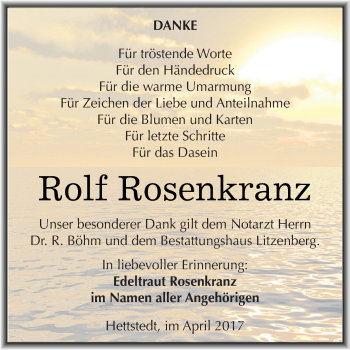 Traueranzeige von Rolf Rosenkranz von Super Sonntag SGH Mansf. Land
