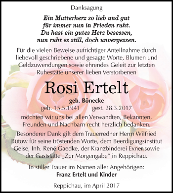 Traueranzeige von Rosi Ertelt von WVG - Wochenspiegel Dessau / Köthen