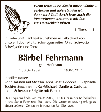 Traueranzeige von Bärbel Fehrmann von WVG - Wochenspiegel Dessau / Köthen