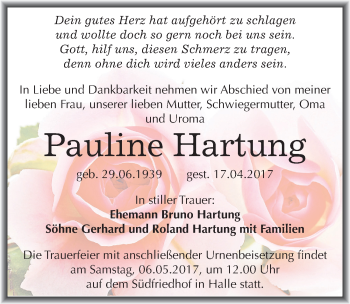 Traueranzeige von Pauline Hartung von Mitteldeutsche Zeitung Halle/Saalkreis