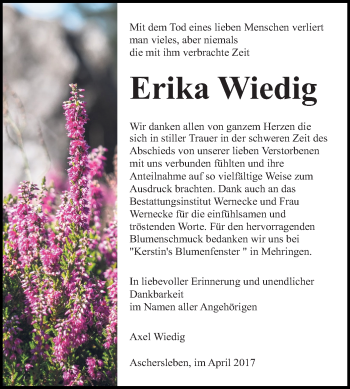 Traueranzeige von Erika Wiedig von Super Sonntag Aschersleben