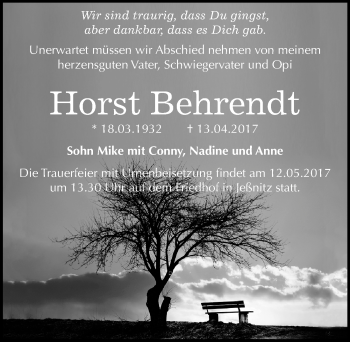 Traueranzeige von Horst Behrendt von Mitteldeutsche Zeitung Bitterfeld