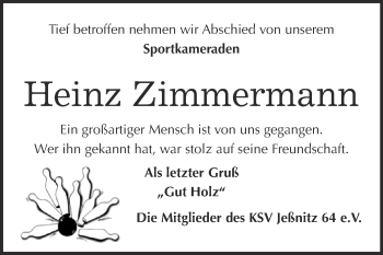 Traueranzeige von Heinz Zimmermann von WVG - Wochenspiegel Bitterfeld