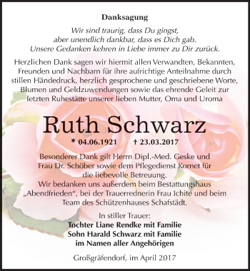 Traueranzeige von Ruth Schwarz von Mitteldeutsche Zeitung Merseburg/Querfurt