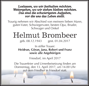 Traueranzeige von Helmut Brombeer von Mitteldeutsche Zeitung Mansfelder Land