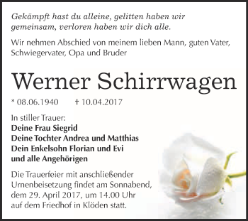 Traueranzeige von Werner Schirrwagen von WVG - Wochenspiegel Wittenberg