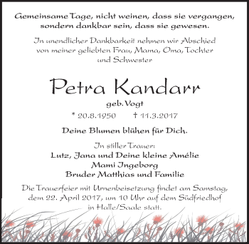 Traueranzeige von Petra Kandarr von Mitteldeutsche Zeitung Halle/Saalkreis