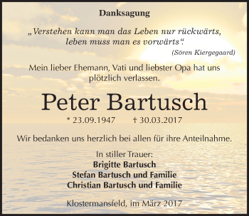 Traueranzeige von Peter Bartusch von Mitteldeutsche Zeitung Mansfelder Land