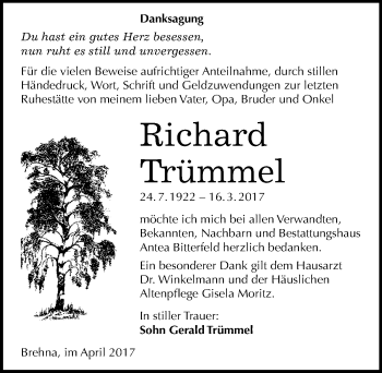 Traueranzeige von Richard Trümmel von Mitteldeutsche Zeitung Bitterfeld