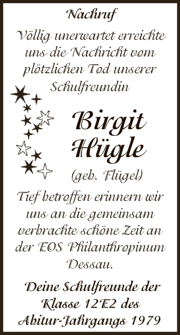 Traueranzeige von Birgit Hügle von WVG - Wochenspiegel Dessau / Köthen
