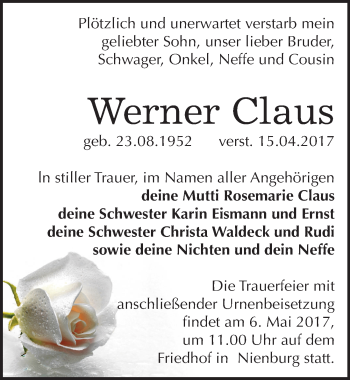 Traueranzeige von Werner Claus von Mitteldeutsche Zeitung Bernburg
