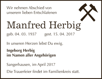 Traueranzeige von Manfred Herbig von Super Sonntag SGH Mansf. Land