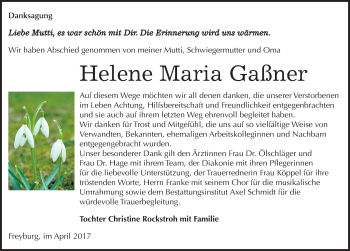 Traueranzeige von Helene Maria Gaßner von Mitteldeutsche Zeitung Naumburg/Nebra
