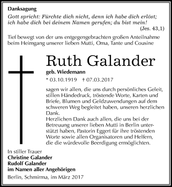 Traueranzeige von Ruth Galander von Mitteldeutsche Zeitung Merseburg/Querfurt