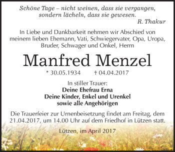 Traueranzeige von Manfred Menzel von Mitteldeutsche Zeitung Weißenfels