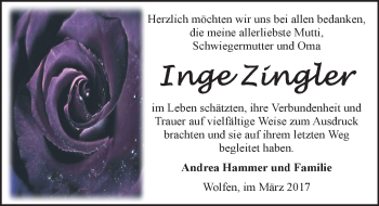 Traueranzeige von Inge Zingler von Mitteldeutsche Zeitung Bitterfeld