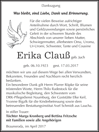 Traueranzeige von Erika Clauß von WVG - Wochenspiegel NMB / WSF / ZTZ