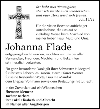 Traueranzeige von Johanna Flade von Mitteldeutsche Zeitung Merseburg/Querfurt