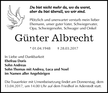Traueranzeige von Günter Albrecht von Mitteldeutsche Zeitung Bernburg