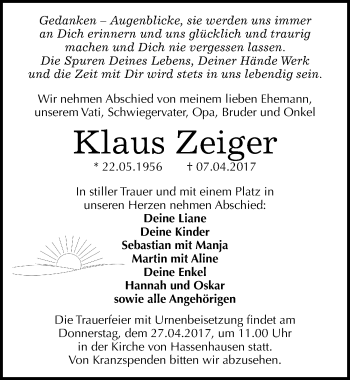 Traueranzeige von Klaus Zeiger von Mitteldeutsche Zeitung Naumburg/Nebra