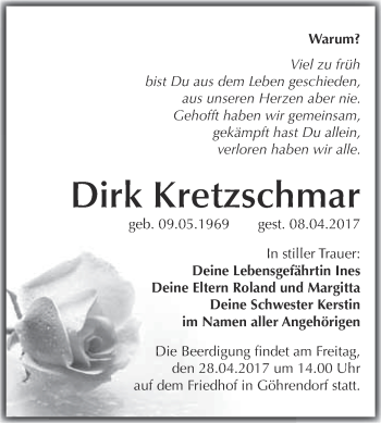Traueranzeige von Dirk Kretzschmar von WVG - Wochenspiegel Merseburg
