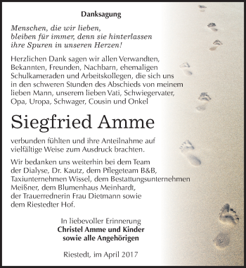 Traueranzeige von Siegfried Amme von Mitteldeutsche Zeitung Sangerhausen