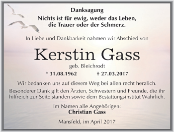 Traueranzeige von Kerstin Gass von Mitteldeutsche Zeitung Mansfelder Land
