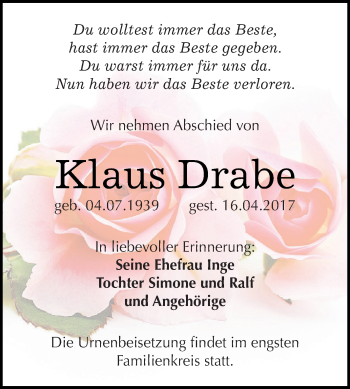 Traueranzeige von Klaus Drabe von Wochenspiegel Mansfelder Land