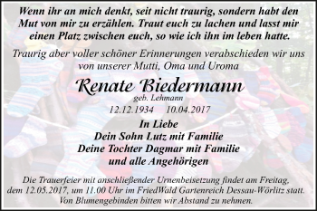 Traueranzeige von Renate Biedermann von WVG - Wochenspiegel Dessau / Köthen