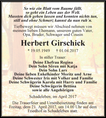 Traueranzeige von Herbert Girschick von Super Sonntag SGH Mansf. Land