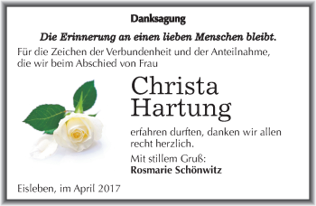Traueranzeige von Christa Hartung von Mitteldeutsche Zeitung Mansfelder Land